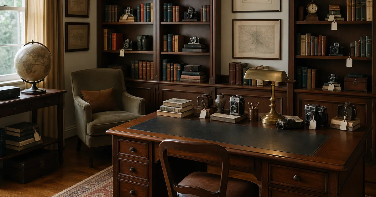 A fictional collector's study with framed art, books, and a wooden desk