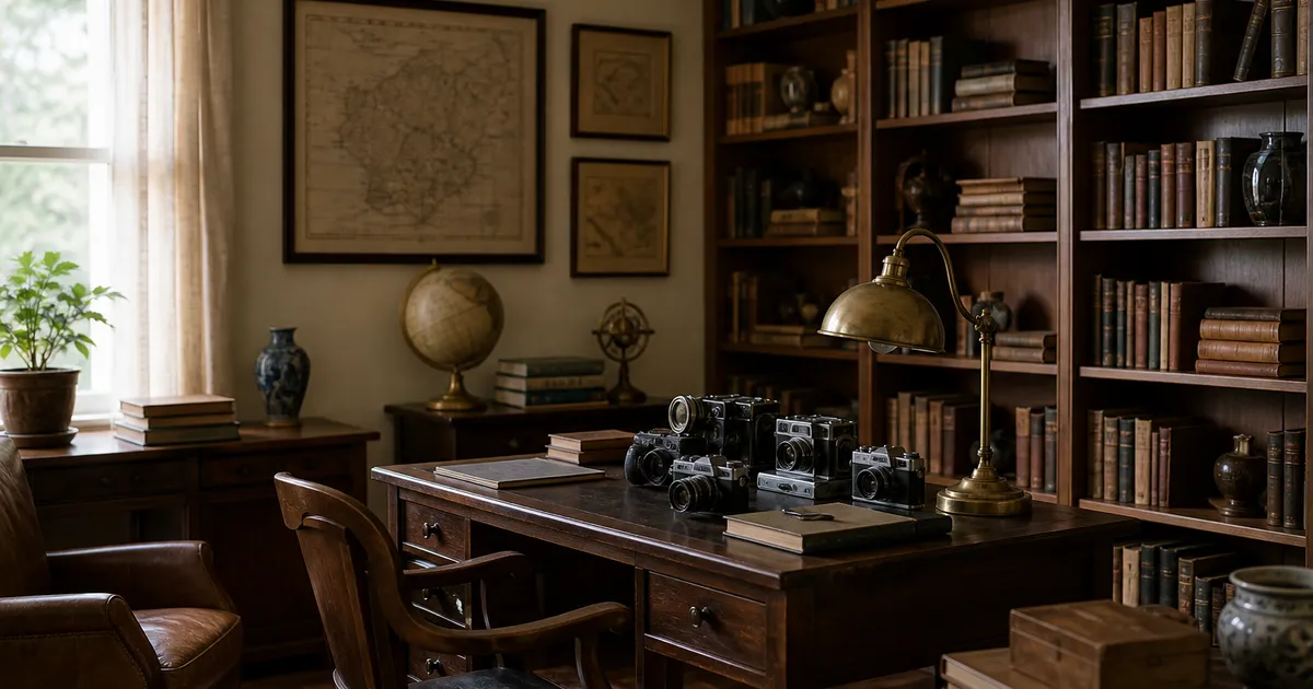 A fictional collector's study with framed art, books, and a wooden desk