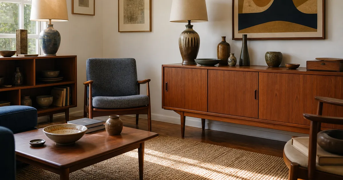 A warm fictional living room arranged with midcentury furniture and lamps