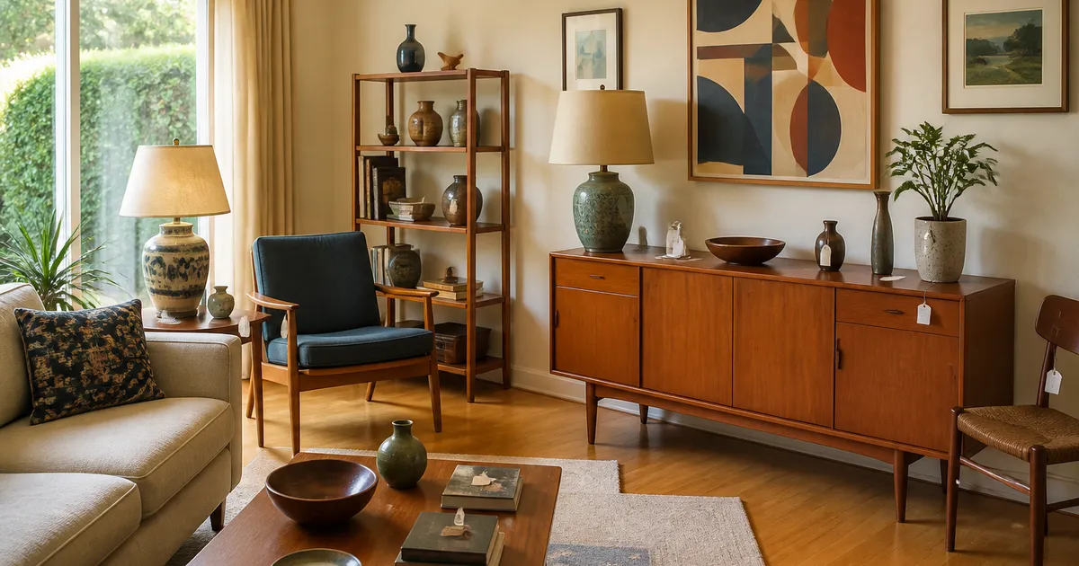 A warm fictional living room arranged with midcentury furniture and lamps